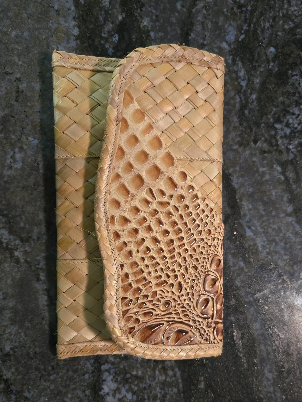 Handwoven Natural Straw Clutch with Embossed Accenting - Natural